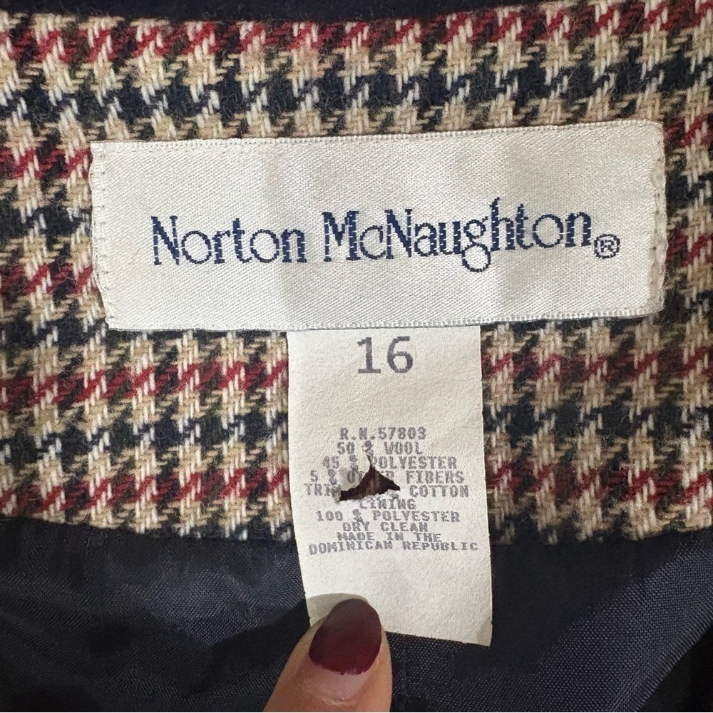 Vtg Norton McNaughton Womens 16 Black White Red Houndstooth Blazer Jacket Velvet - Picture 2 of 11